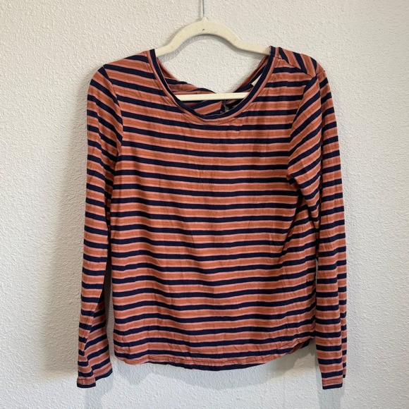 Pact Organic Sweaters - Pact Organic Cotton Striped Long Sleeve Twist Back Top Navy Orange Womens Medium